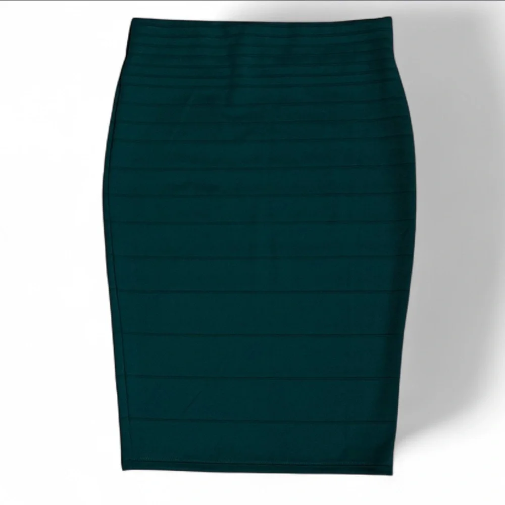 Olivia Blu Teal Green Bandage Pencil Skirt Ribbed Bodycon Career Size Medium - Picture 2 of 5